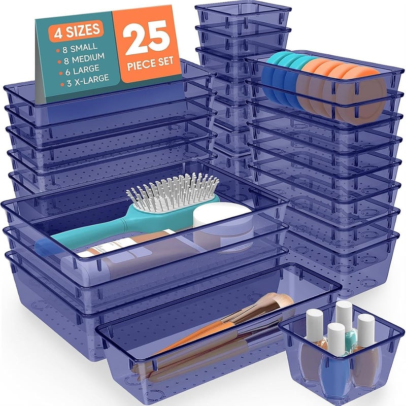 SpaceHacks 25 PCS Plastic Drawer Organizer Set, 4-Size Versatile Organizer Trays & storage Bins for Makeup, Jewelry, and Gadgets in Bathroom, Bedroom and Office,Dark Blue - Image 1